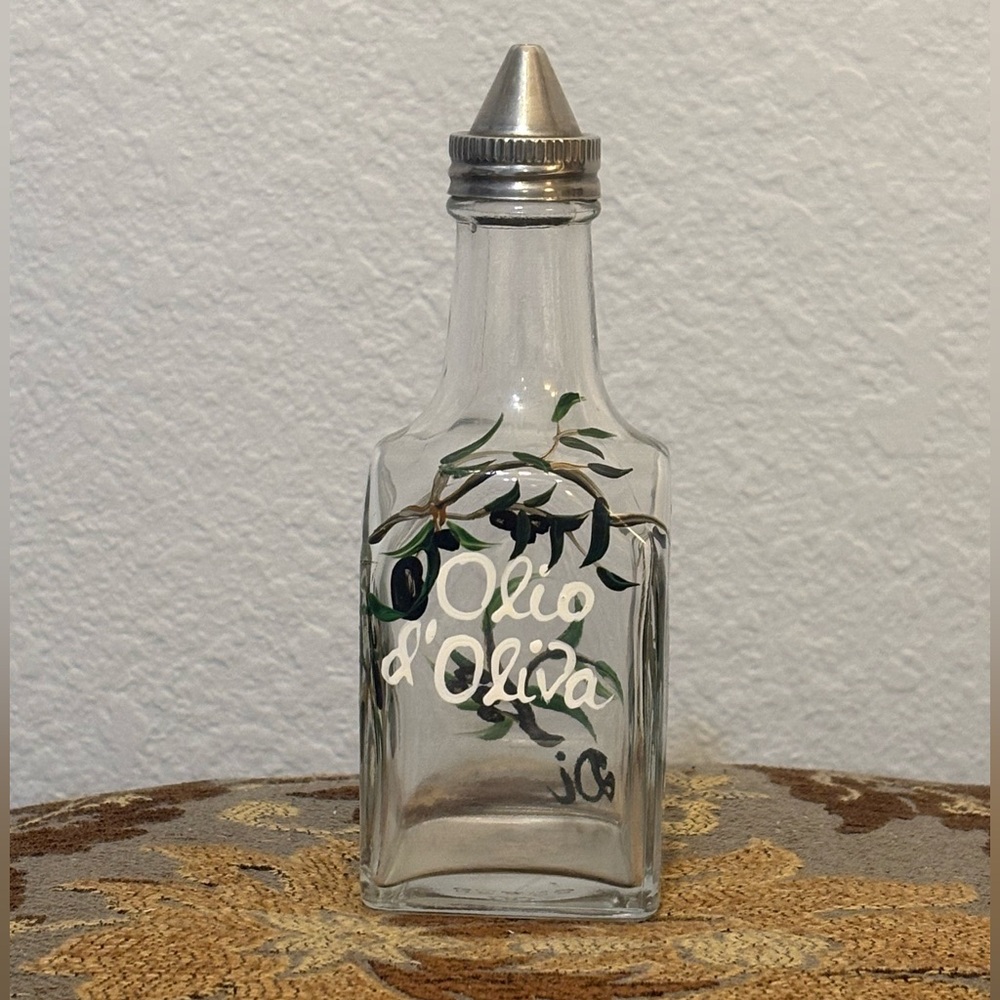 Vintage Gemco Glass Hand Painted Olives Cruet Vinegar & Oil Bottle 6" Tall USA